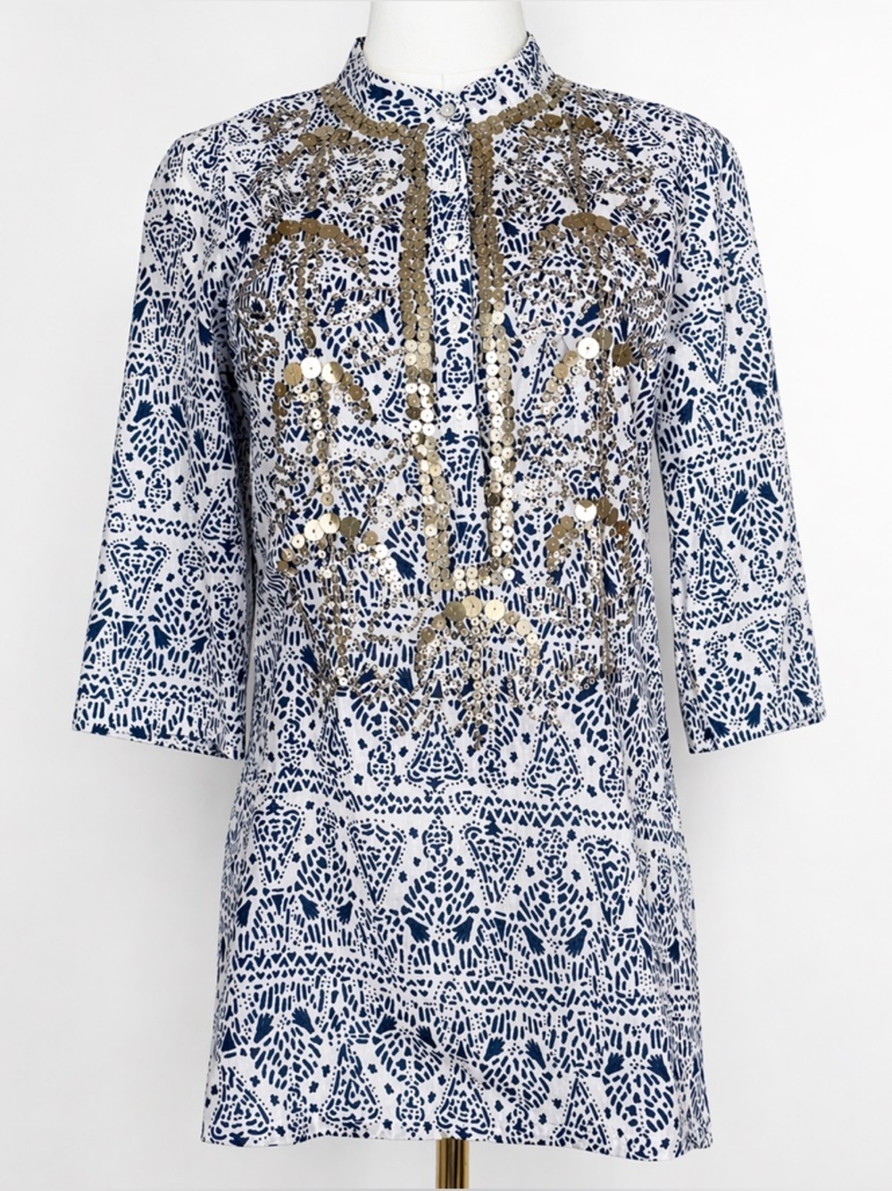 Figue Embellished Tunic Top Shirt Women’s Size Small Gold Detail 100% Cotton